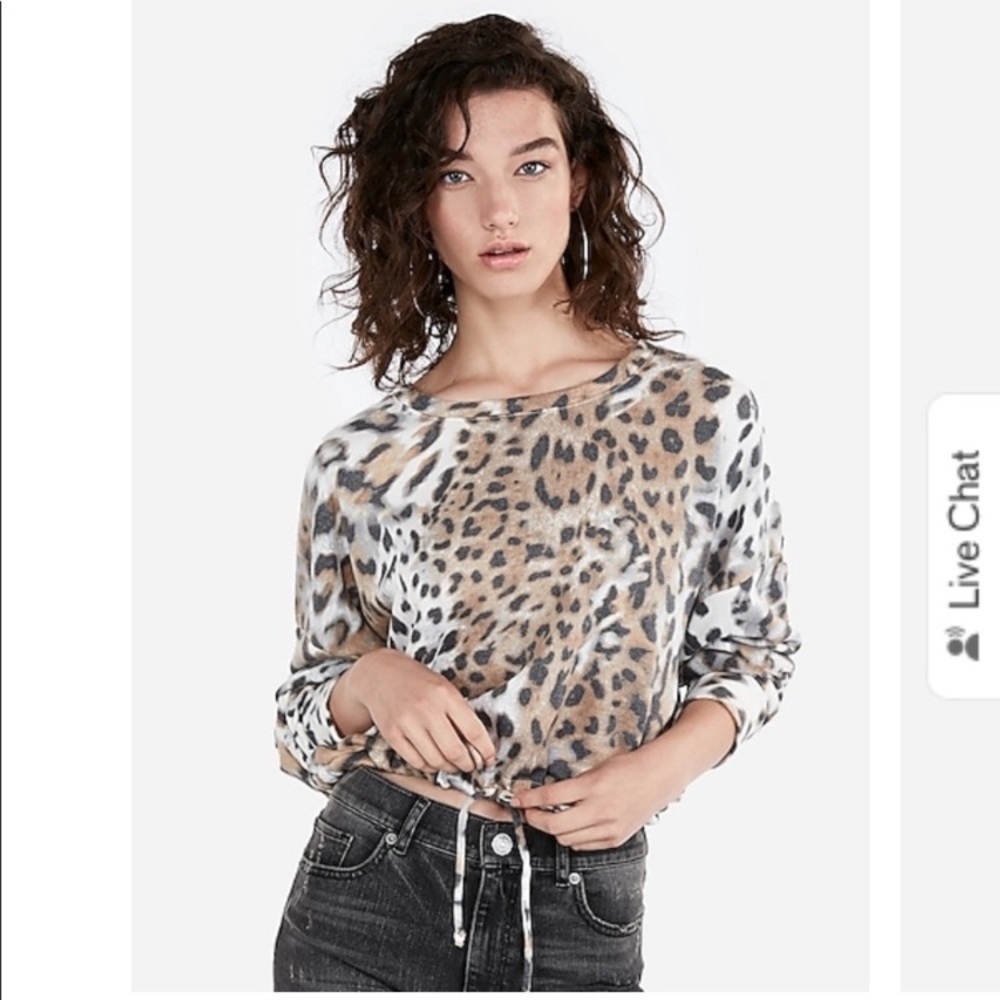 Express tiger print crew neck crop pullover sweater drawstring tie small